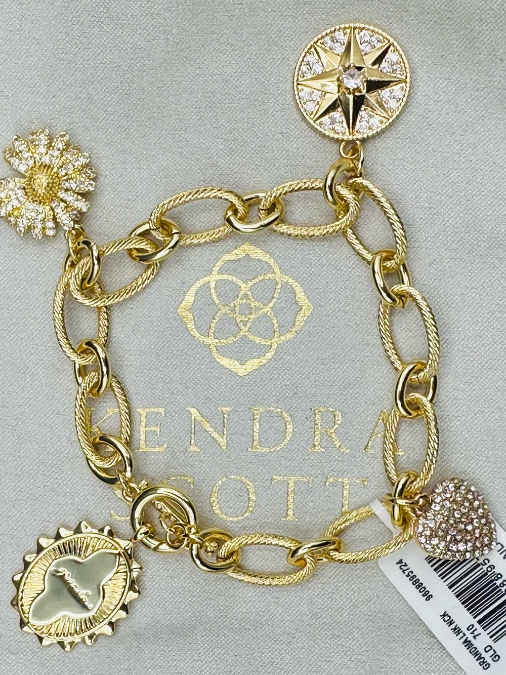 NWT Custom Kendra Scott Upcycled Grandma Charm Bracelet Pave Crystal Heart Daisy